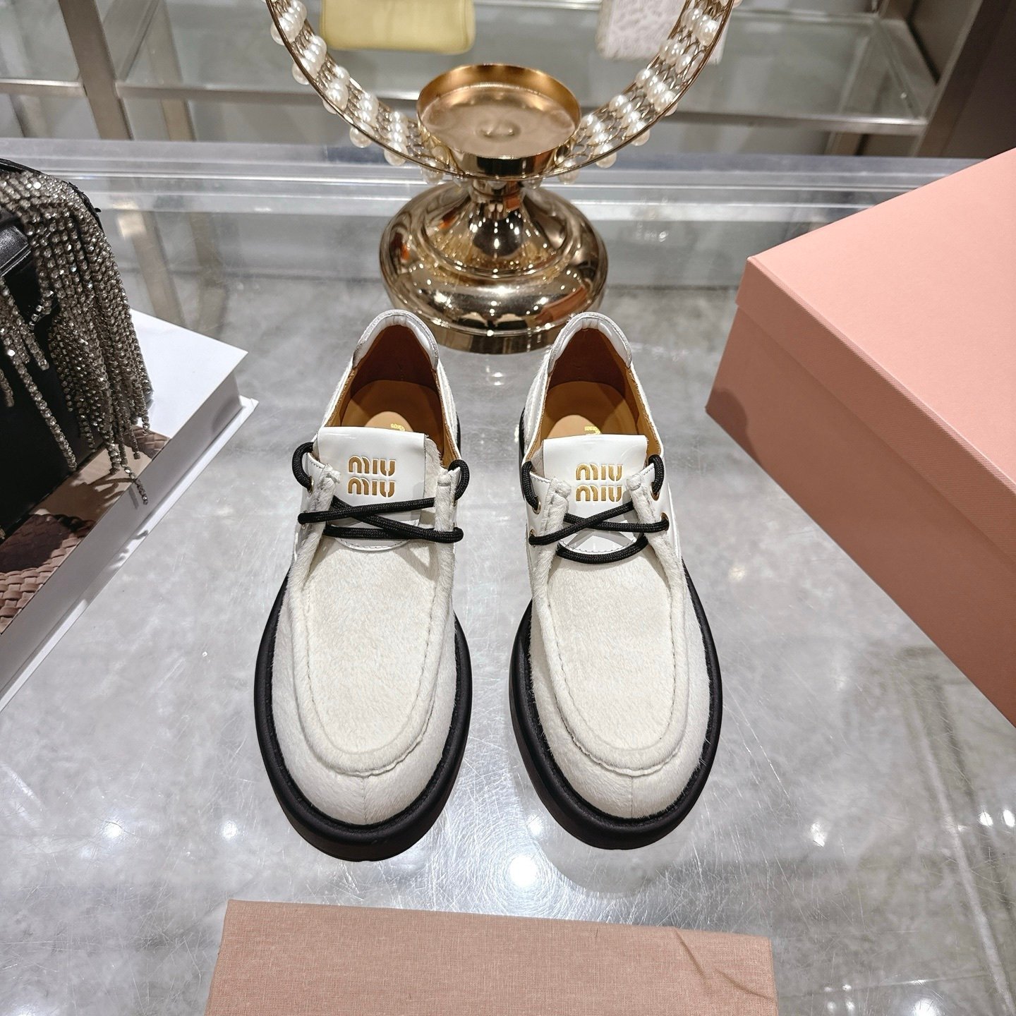 M1um1u  Leather And Calf Hair Leather Laced Shoes Ivory 5E964D 2Hio F0304 F D055