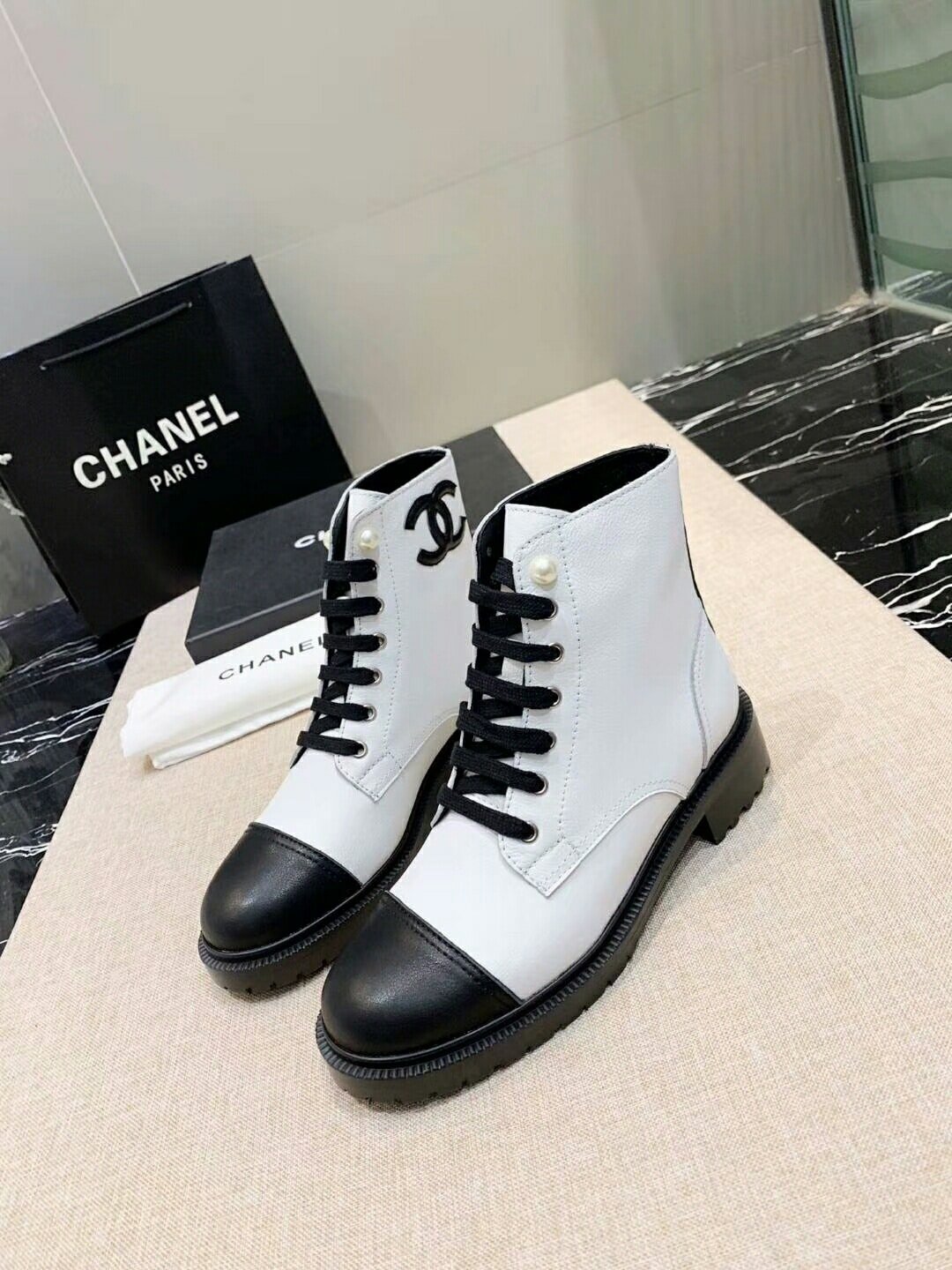 Ch**el White Pearl Logo Cc Combat Lace Up Tie Ankle Boots G36209