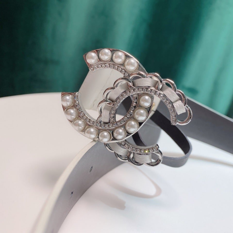 Ch**el Belt With Pearls And Cc Logo Belt White 28Mm