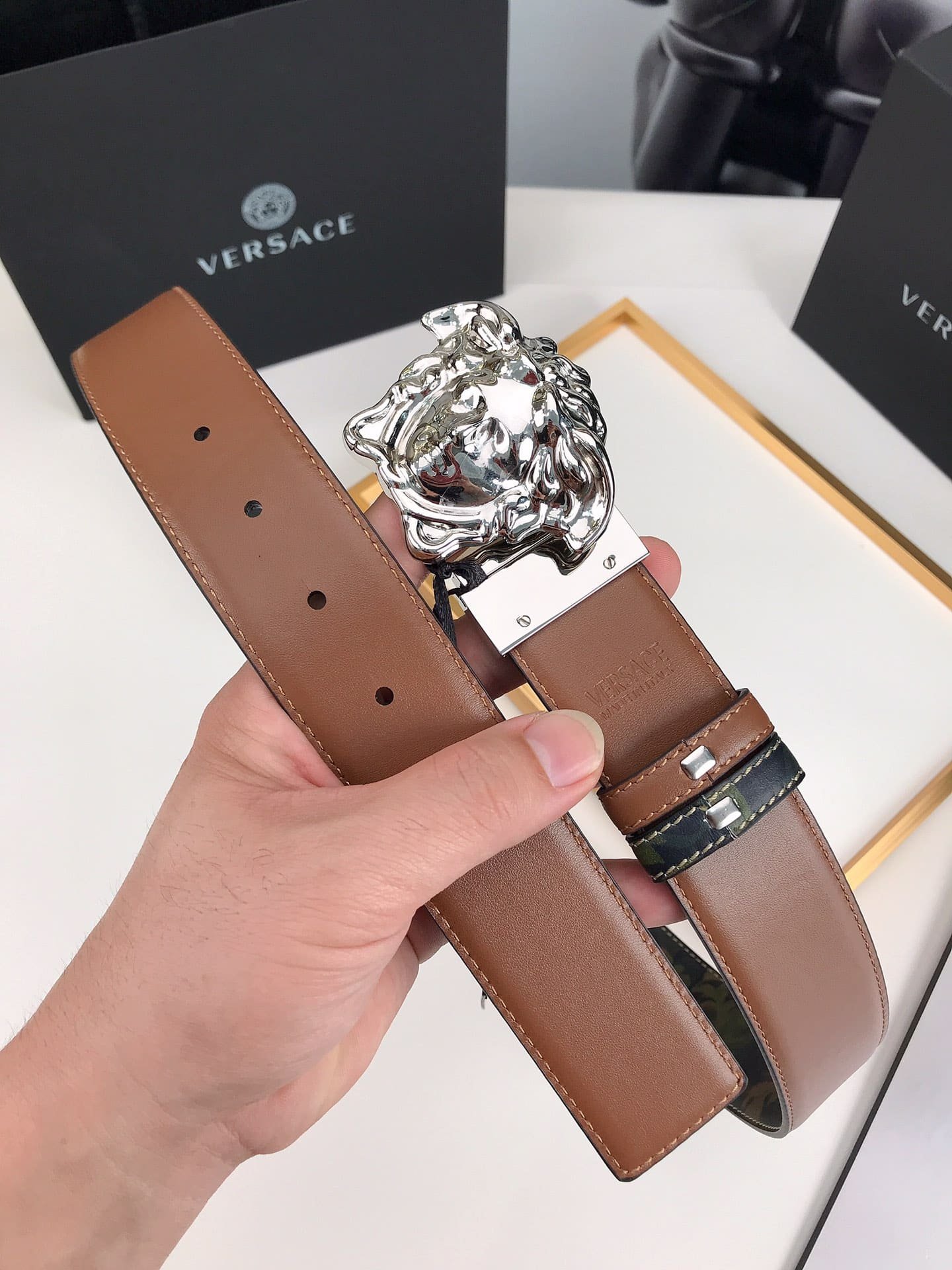 Versace La Medusa Leather Khaki Silver Metal 4Cm