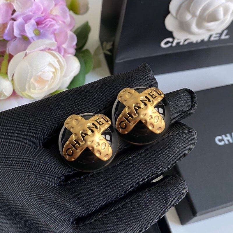 Ch**el Button Black Earrings