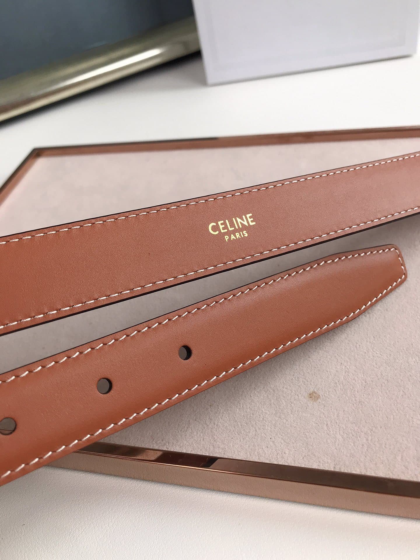 Ce1i*e Small Triomphe Brown Belt In Natutal Calfskin Gold Metal