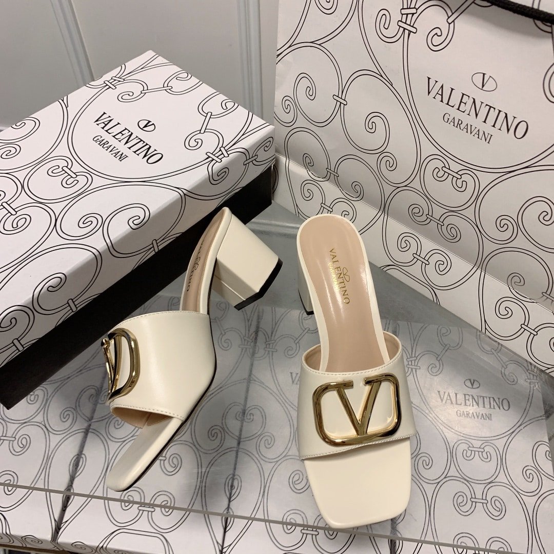 Va1e*ntin0 Vlogo Signature Square Toe Middle Heel White Slide Sandal