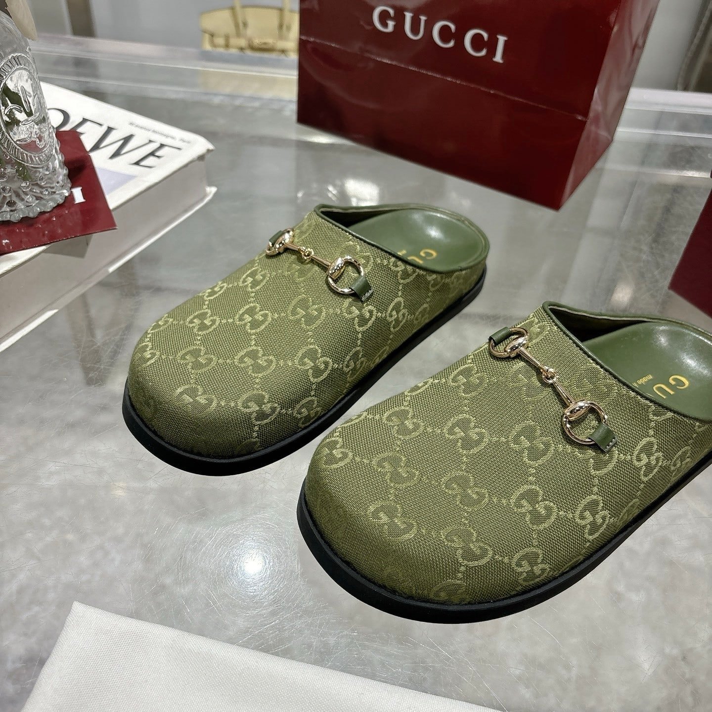 Gvc*1 Women Mule With Horsebit Dark Green Gg Canvas 837130 Fab10 3046