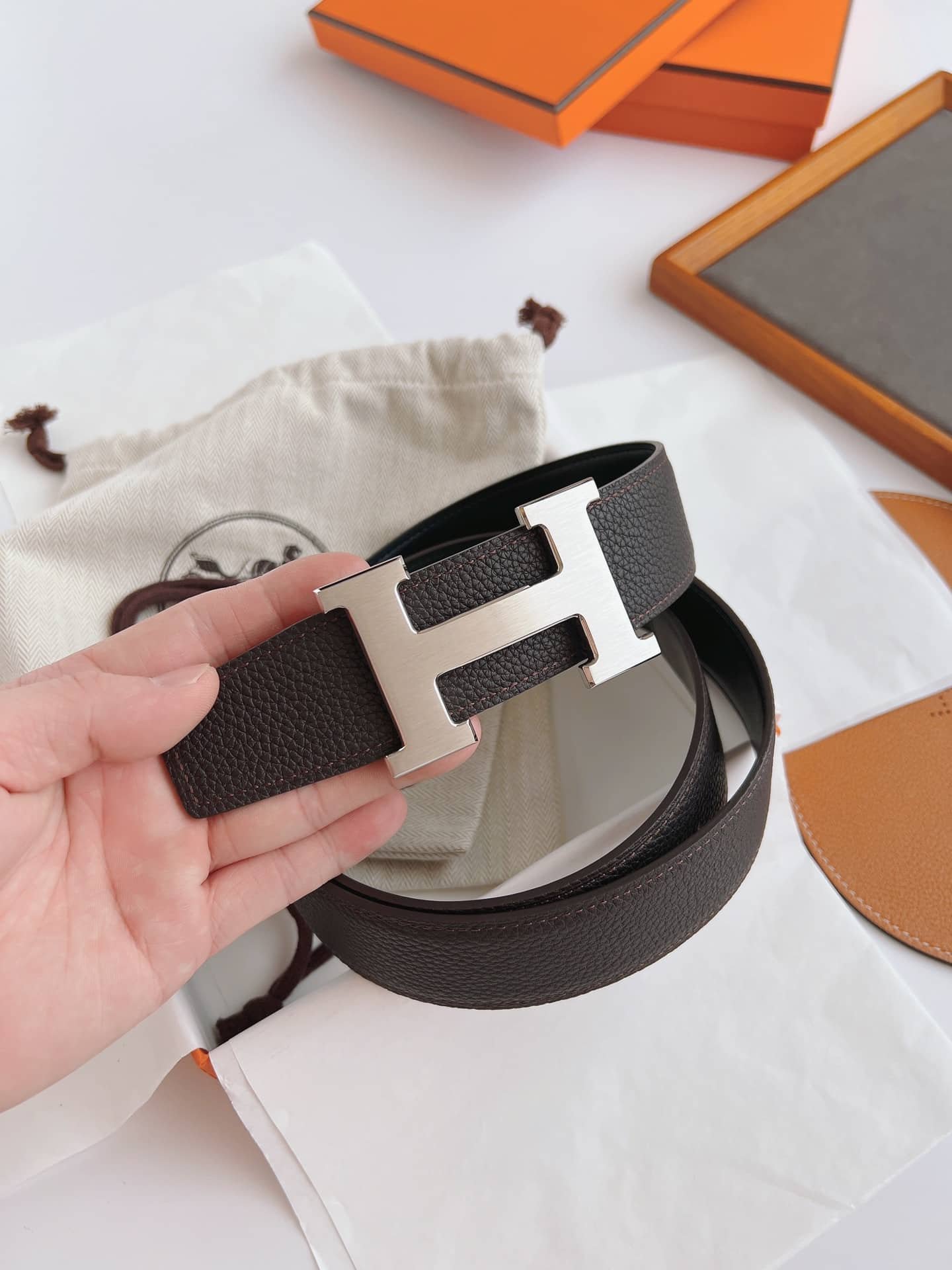 H**me5 Belt Togo Swift Silver Buckle Brown 38Mm