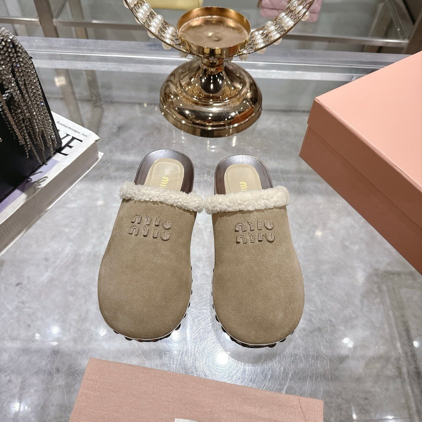 M1um1u Suede Clogs Beige