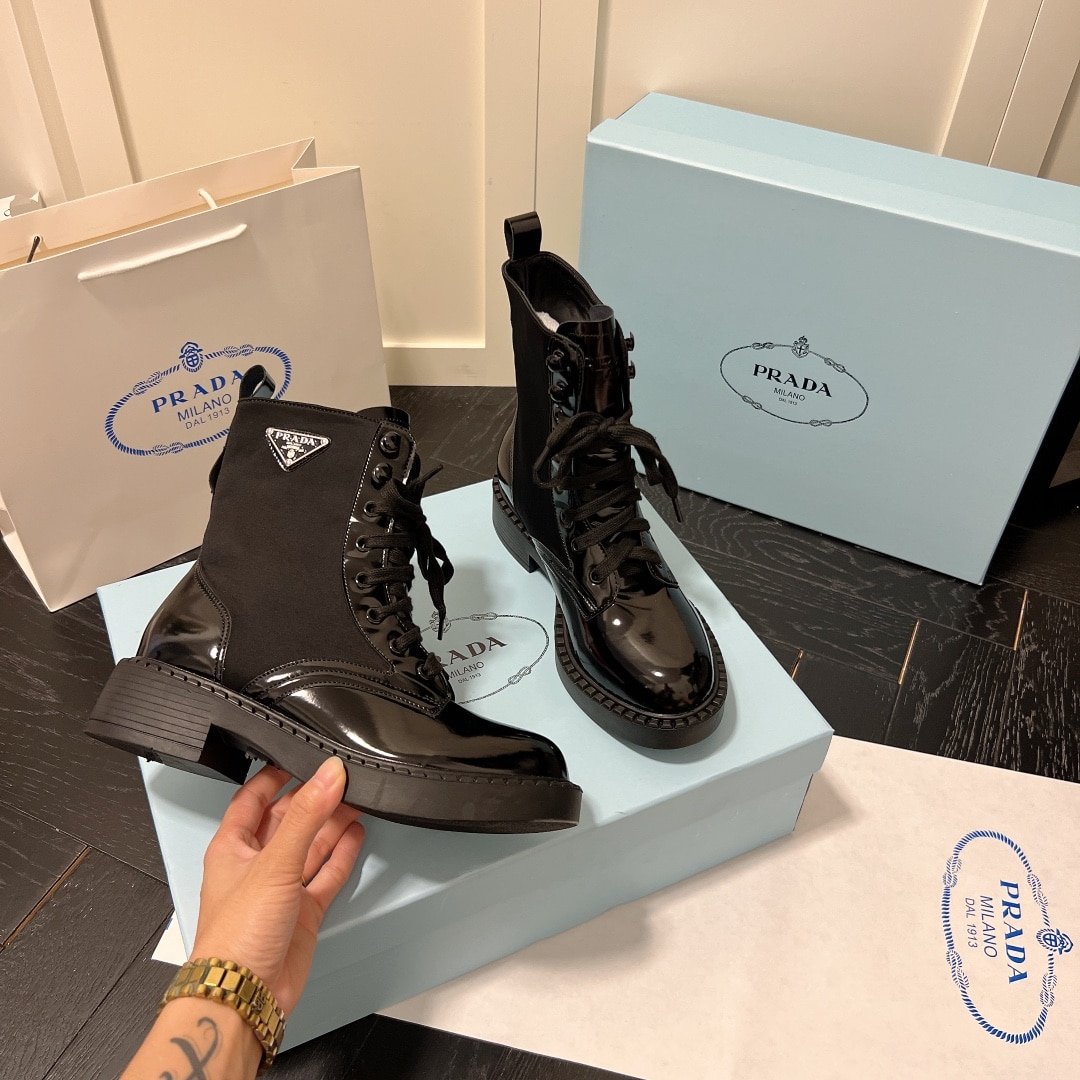 Pra*a Brushed Leather And Re Nylon Boots Black 1T782M 3Lf7 F0002 F B050