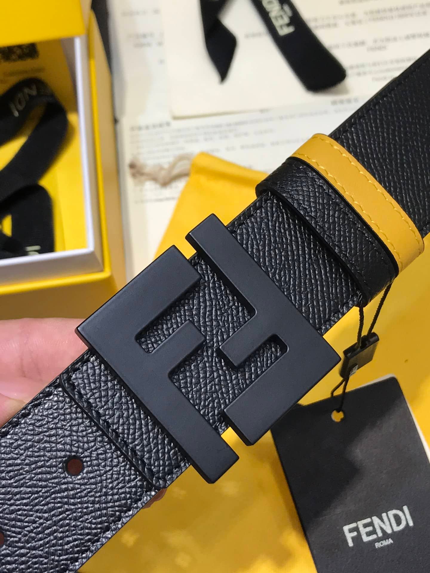 F**di Reversible Black Leather Belt Yellow 40Mm