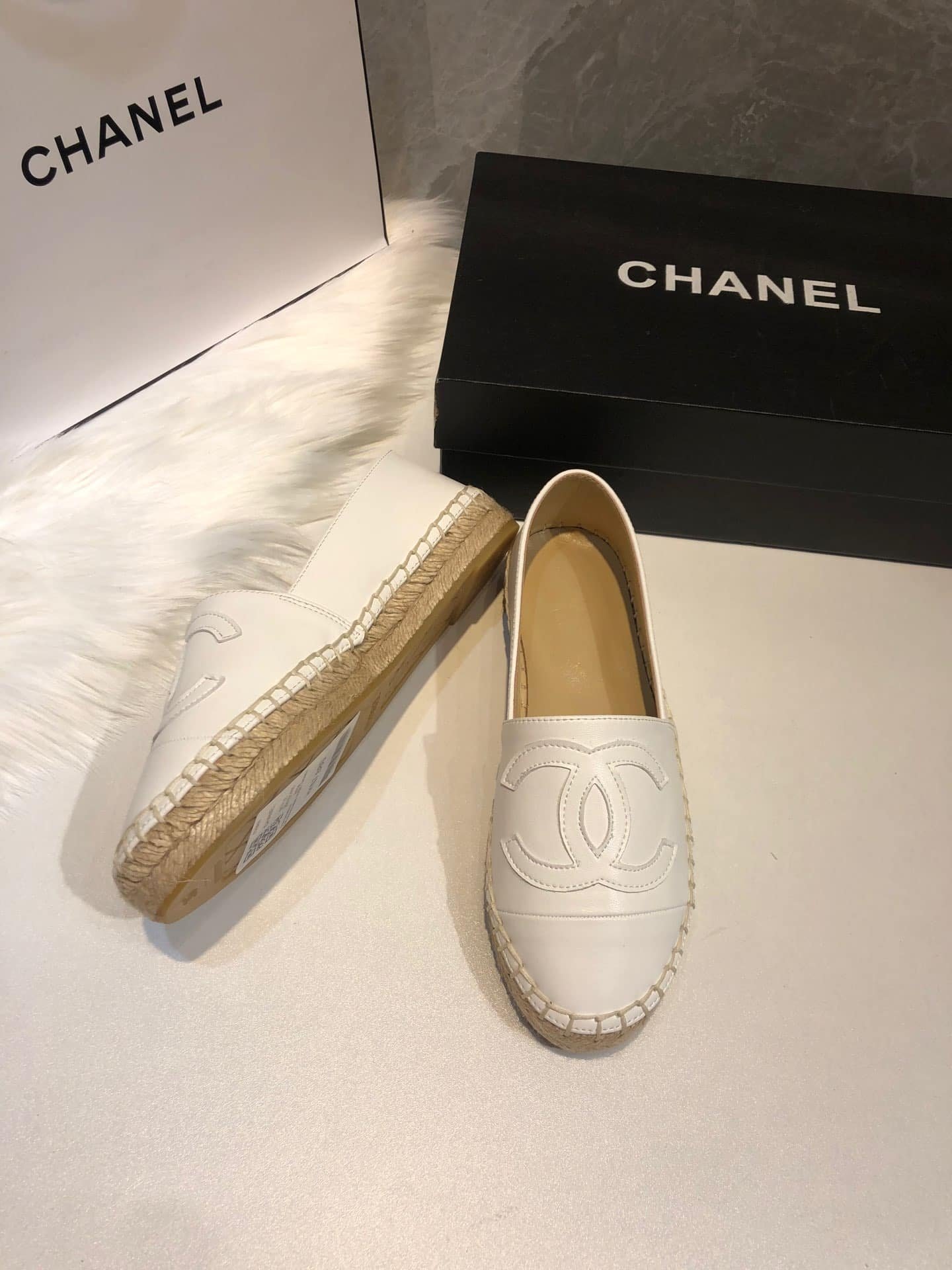 Ch**el Embroidered Espadrille Leather Cap Toe Flats White
