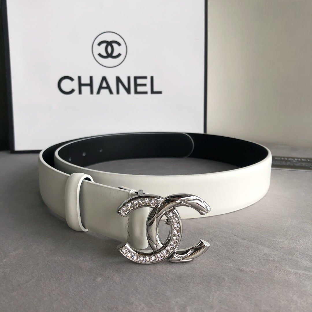 Ch**el Leather Belt With Cc Pearl And Silver Tone Metal White 3Cm