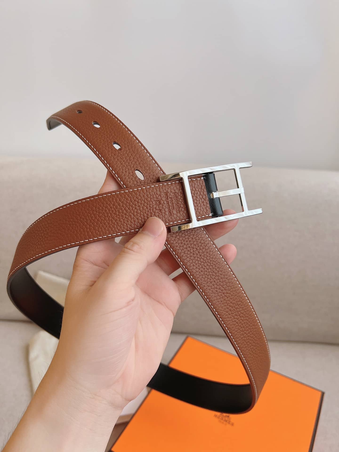 H**me5 Quentin Reversible Belt Brown Silver Metal 32Mm