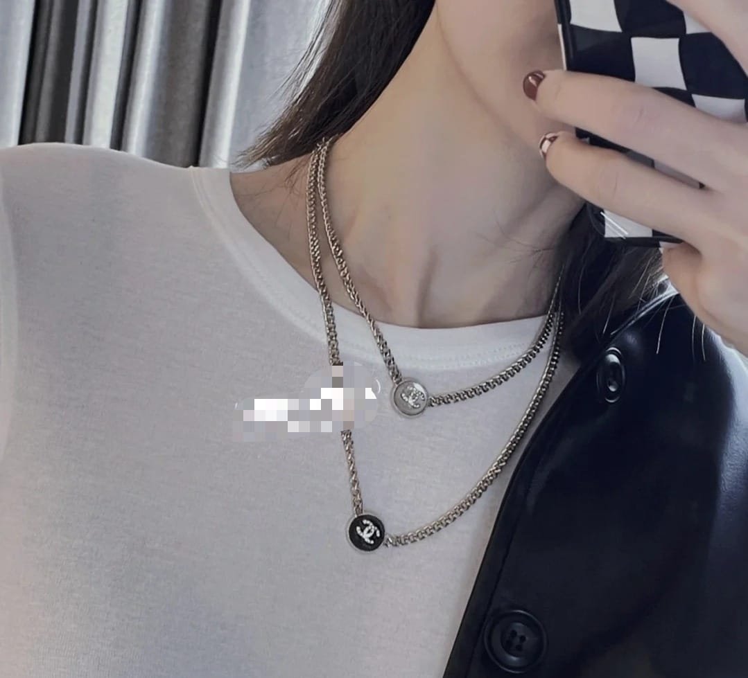 Ch**el Logo Cc Necklace In Gold Metal Black Resin