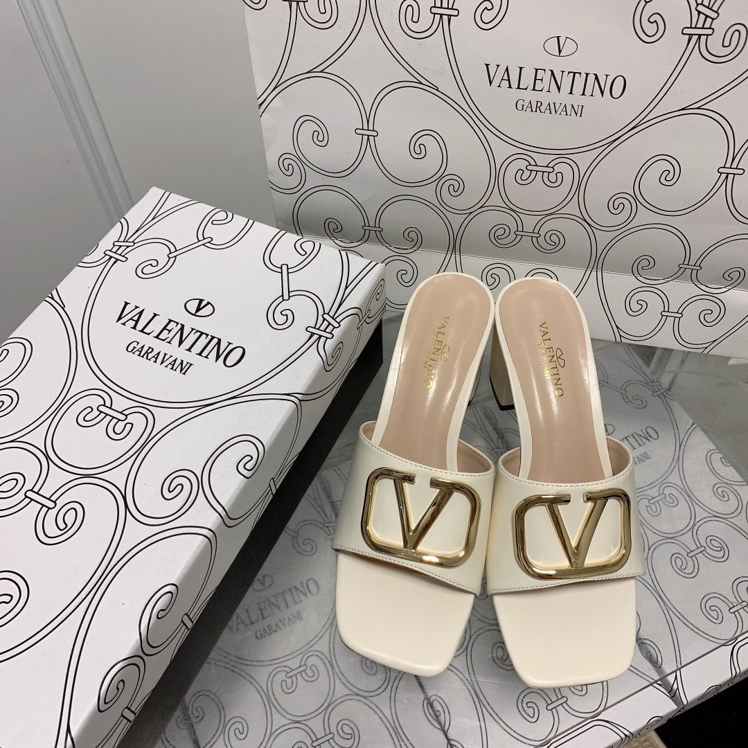 Va1e*ntin0 Vlogo Signature Square Toe Middle Heel White Slide Sandal