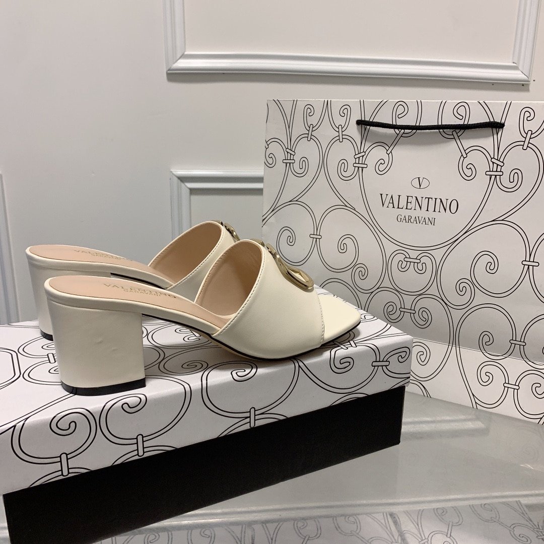 Va1e*ntin0 Vlogo Signature Square Toe Middle Heel White Slide Sandal