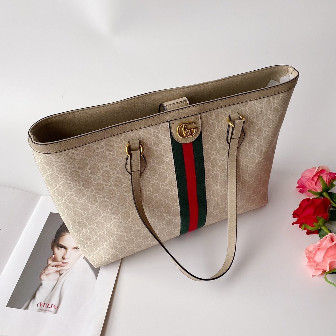 Gvc*1 Ophidia Medium Tote Bag Beige And White 38Cm 631685 Uulag 9682