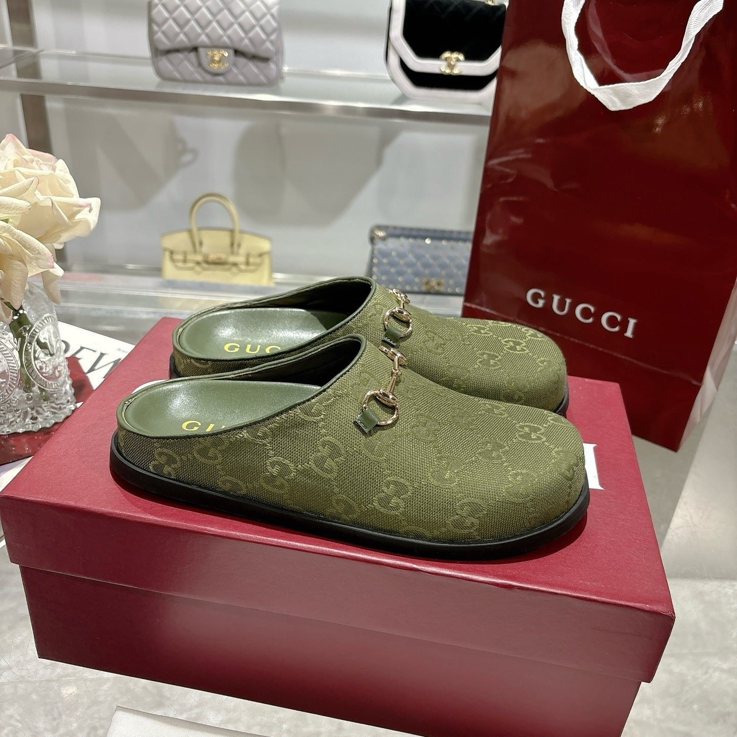 Gvc*1 Women Mule With Horsebit Dark Green Gg Canvas 837130 Fab10 3046