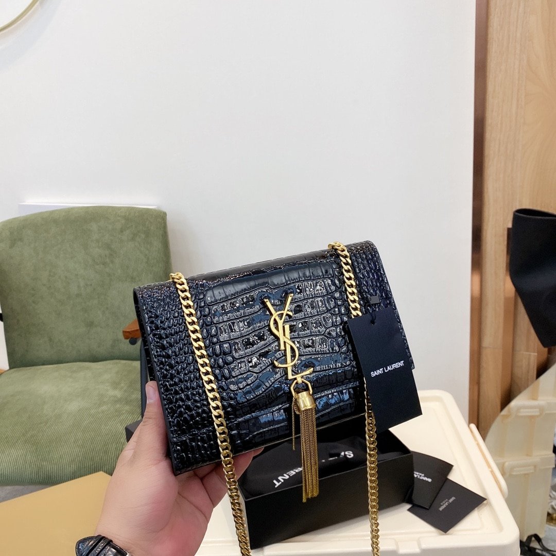 Sa1nt Lau*nt Kate Medium With Tassel In Shiny Crocodile Embossed Leather Black 22Cm 354119Aaay14083