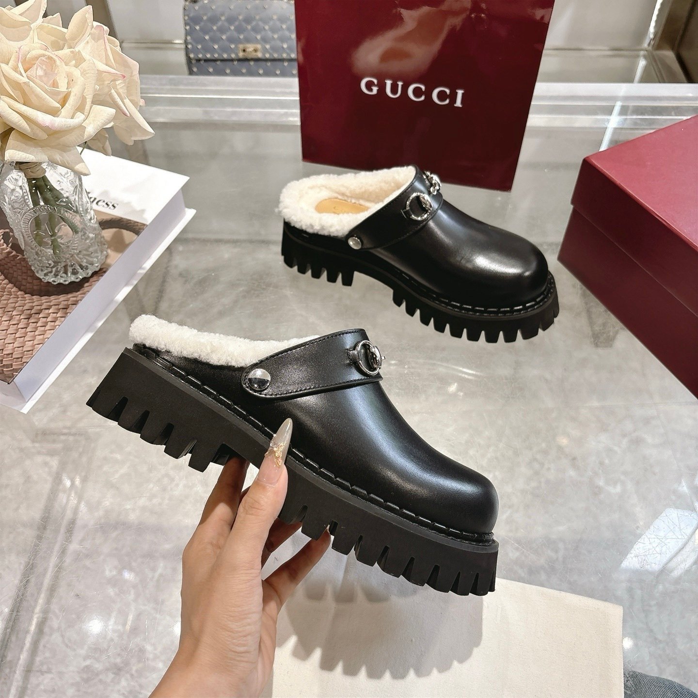 Gvc*1 Horsebit Shearling Mules In Black Leather