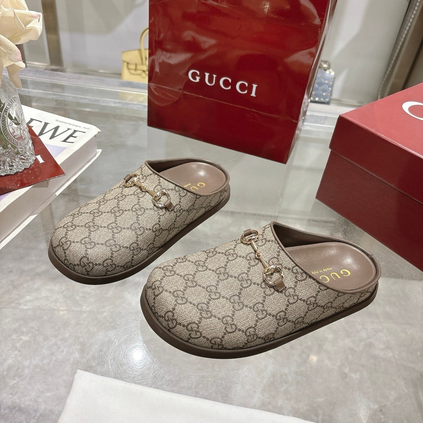 Gvc*1 Women Mule With Horsebit Camel And Dark Brown Gg Canvas 837130 Fab10 2543