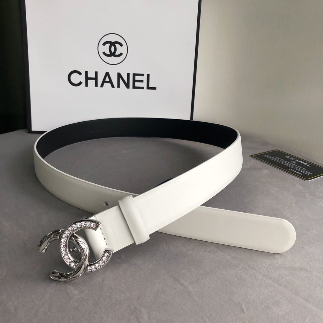 Ch**el Leather Belt With Cc Pearl And Silver Tone Metal White 3Cm