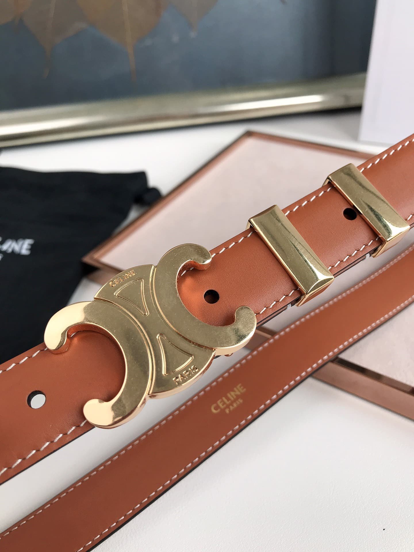 Ce1i*e Small Triomphe Brown Belt In Natutal Calfskin Gold Metal