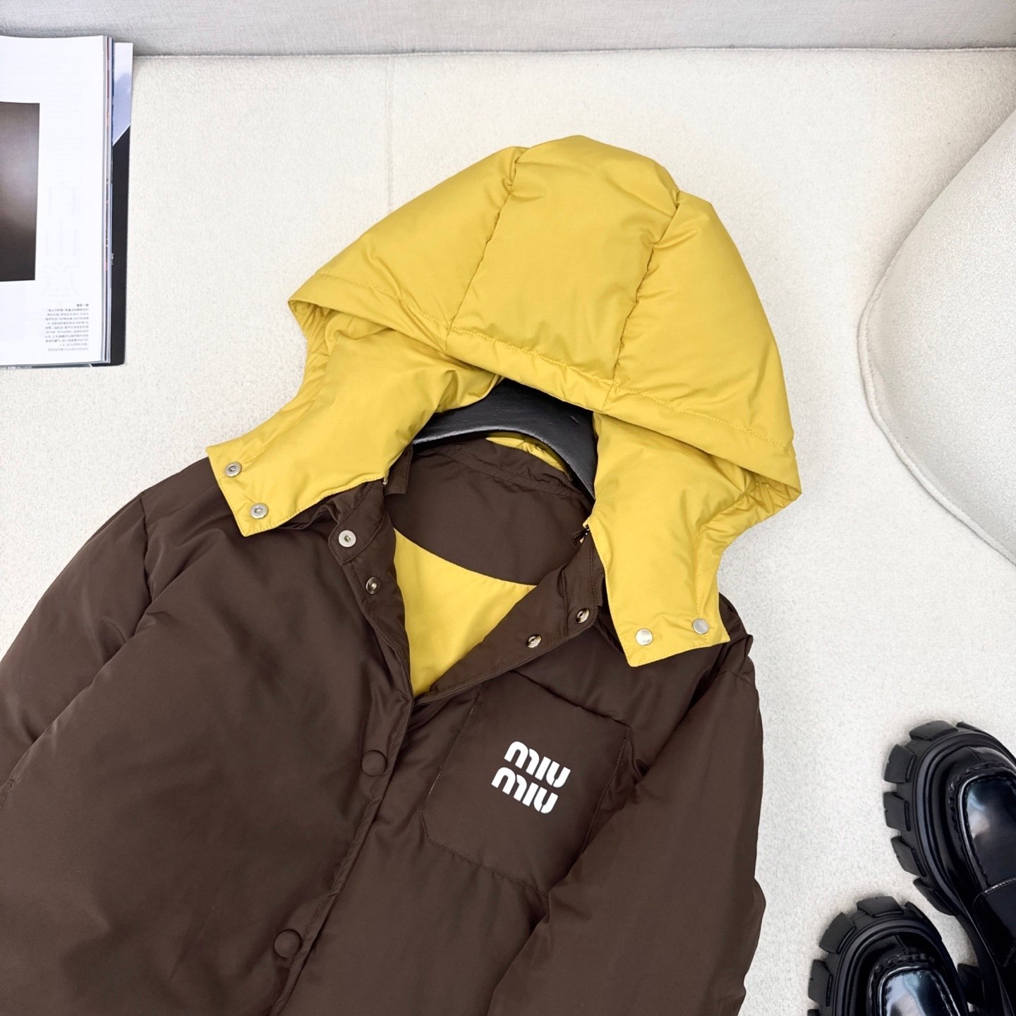 M1um1u Technical Ponge Down Hoodie Jacket Coffee Ml1315 1720 F045I S Ooo