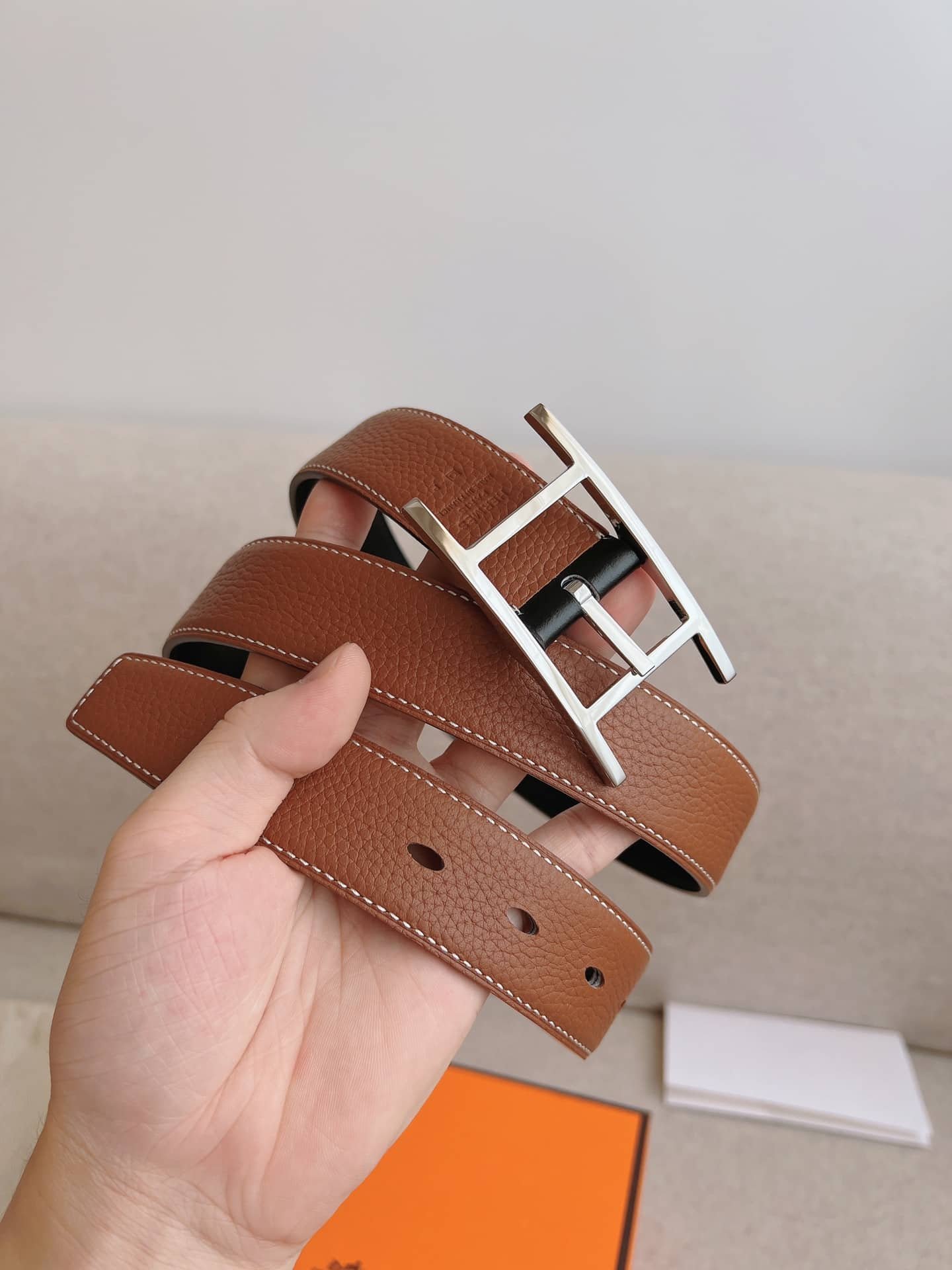 H**me5 Quentin Reversible Belt Brown Silver Metal 32Mm