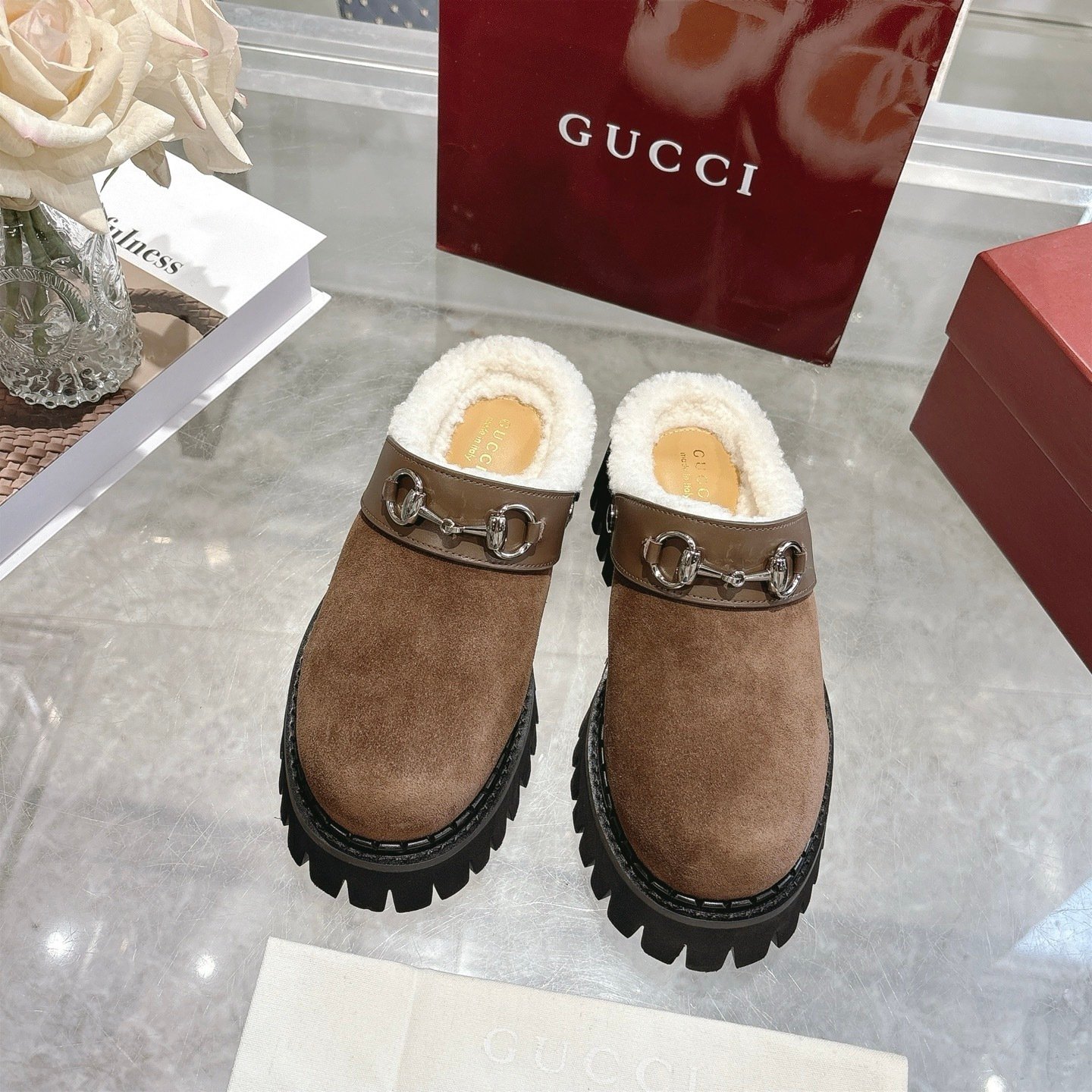 Gvc*1 Horsebit Shearling Mules In Dark Brown Suede