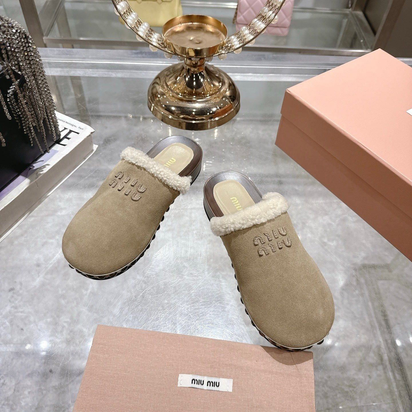M1um1u Suede Clogs Beige