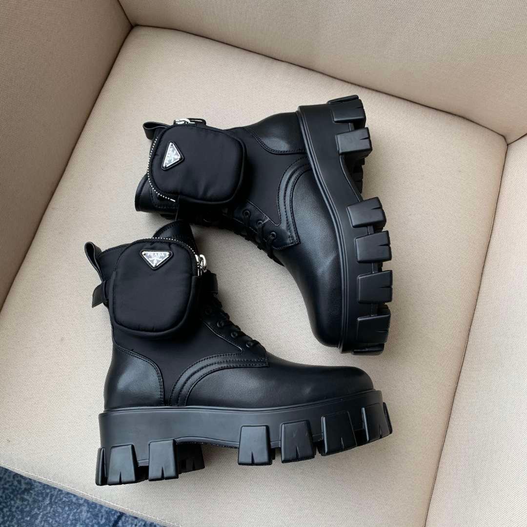 Pra*a Monolith Brushed Leather And Re Nylon With Pouch Boots Black 2Ue007 3Lfr F0002 F D002