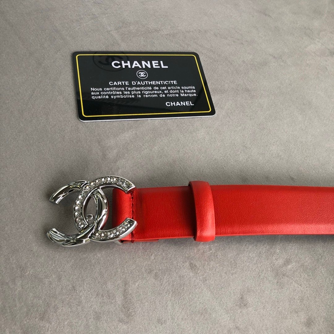 Ch**el Leather Belt With Cc Pearl And Silver Tone Metal Red 3Cm
