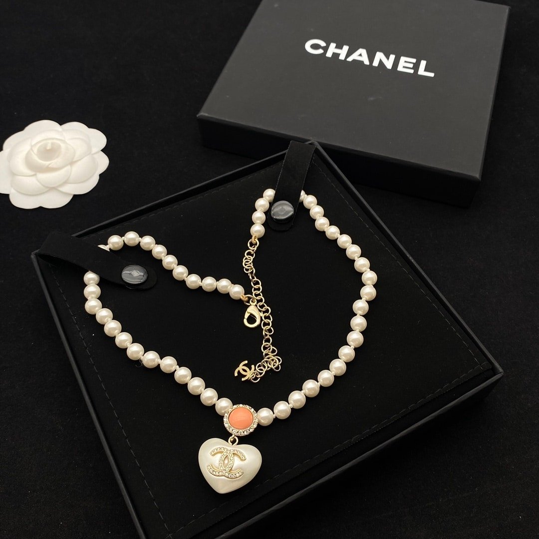 Ch**el Cc Heart Pearl Necklace