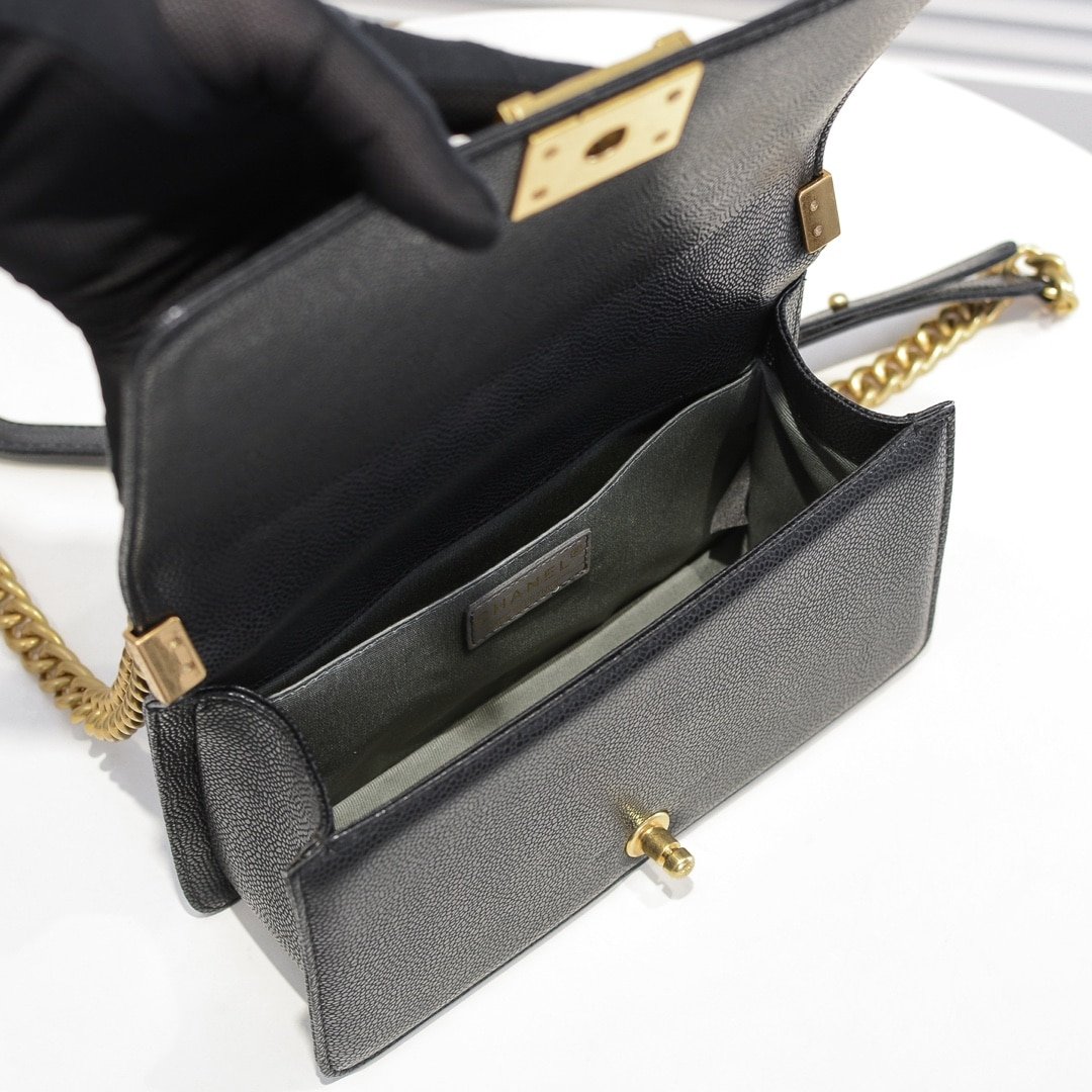 Ch**el Boy Medium Handbag Grained And Gold Tone Metal Black 25Cm