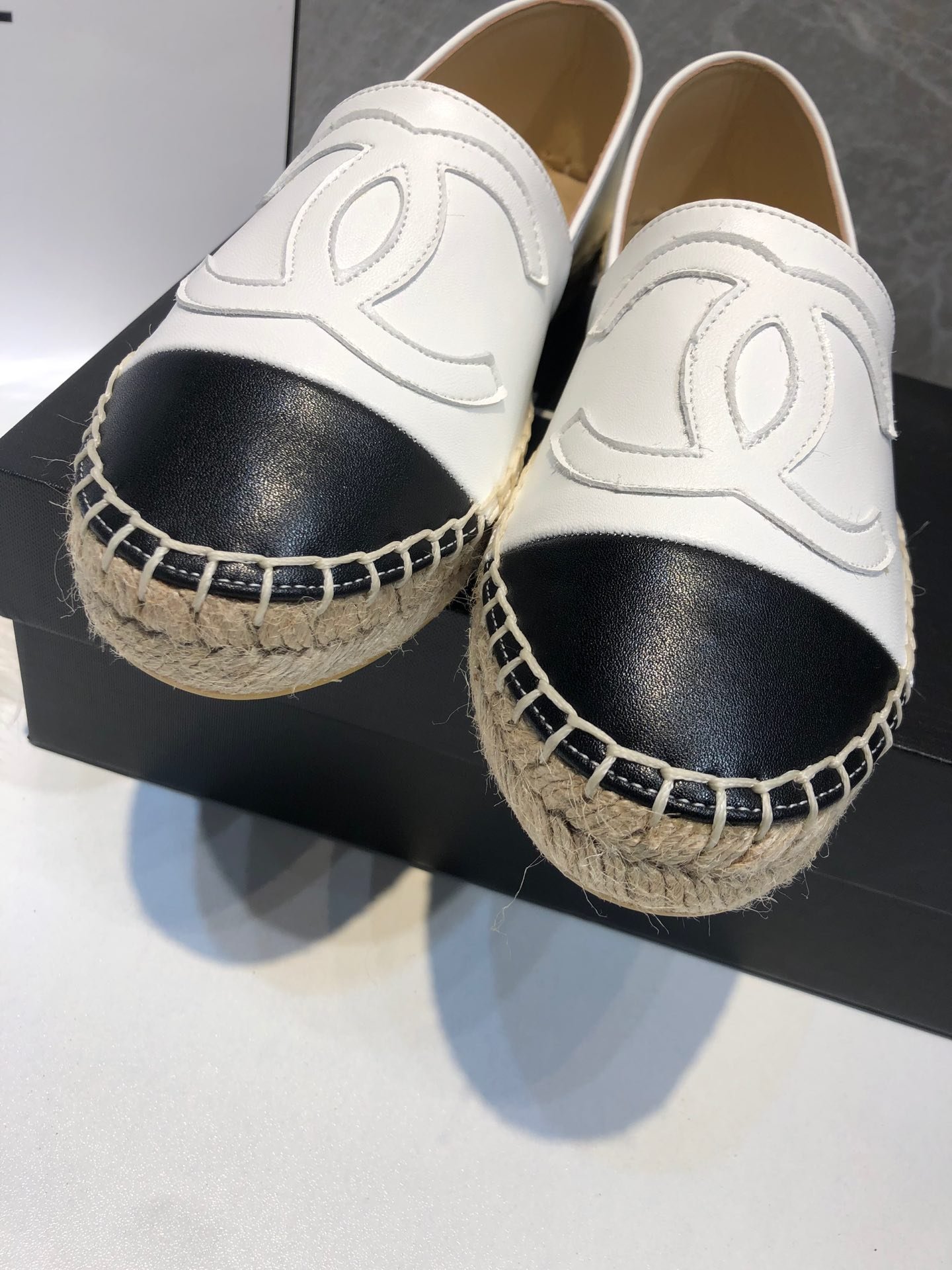 Ch**el Embroidered Espadrille Leather Black Cap Toe Flats White Cc
