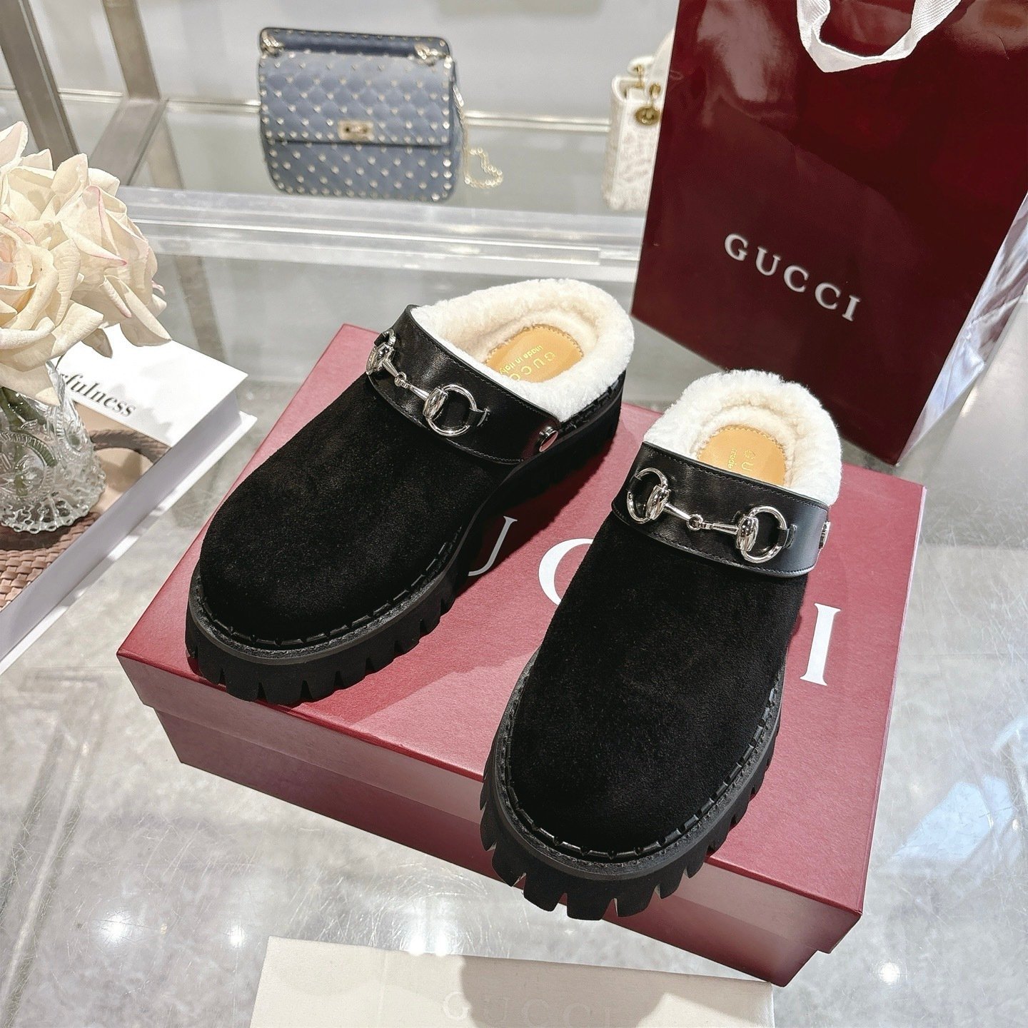 Gvc*1 Horsebit Shearling Mules In Black Suede