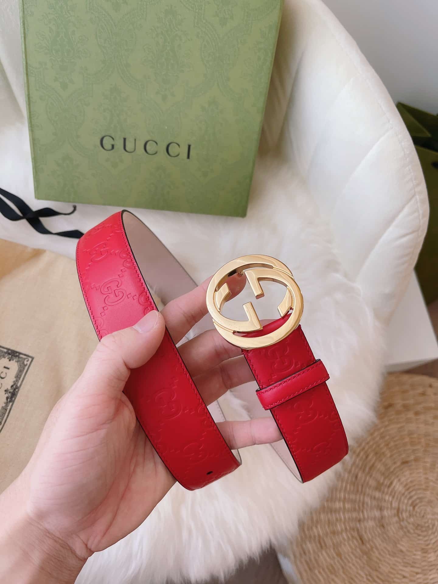 Gvc*1 Calfskin Monogram Red Belt Gold Metal 3.5Cm