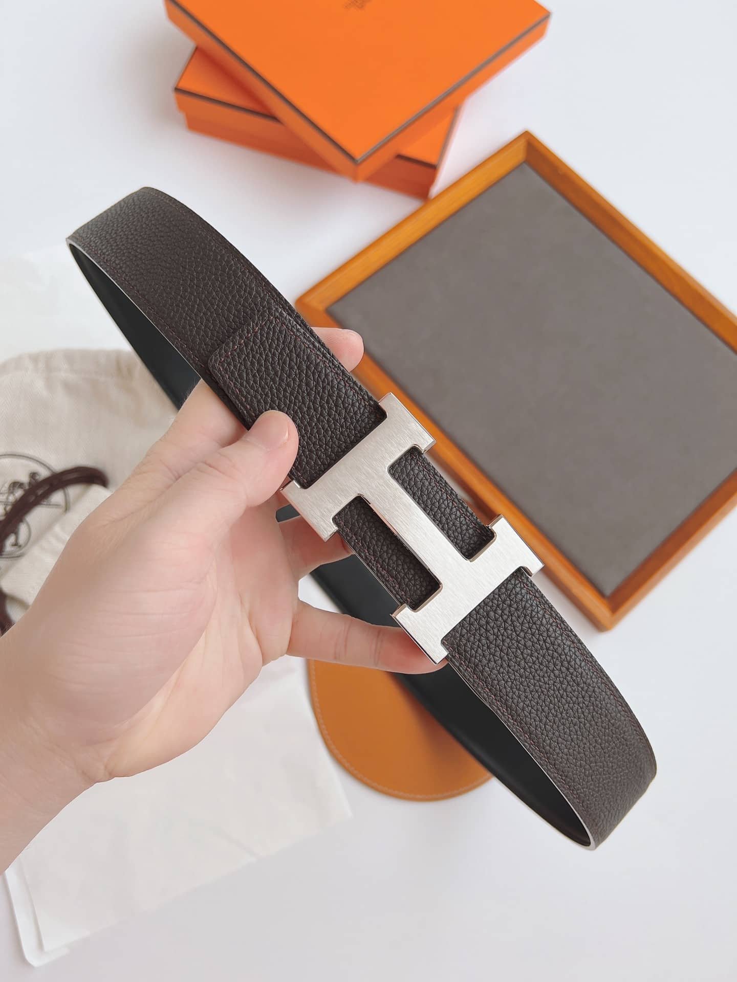 H**me5 Belt Togo Swift Silver Buckle Brown 38Mm