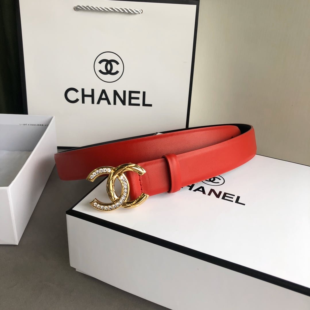 Ch**el Leather Belt With Cc Pearl And Gold Tone Metal Red 3Cm