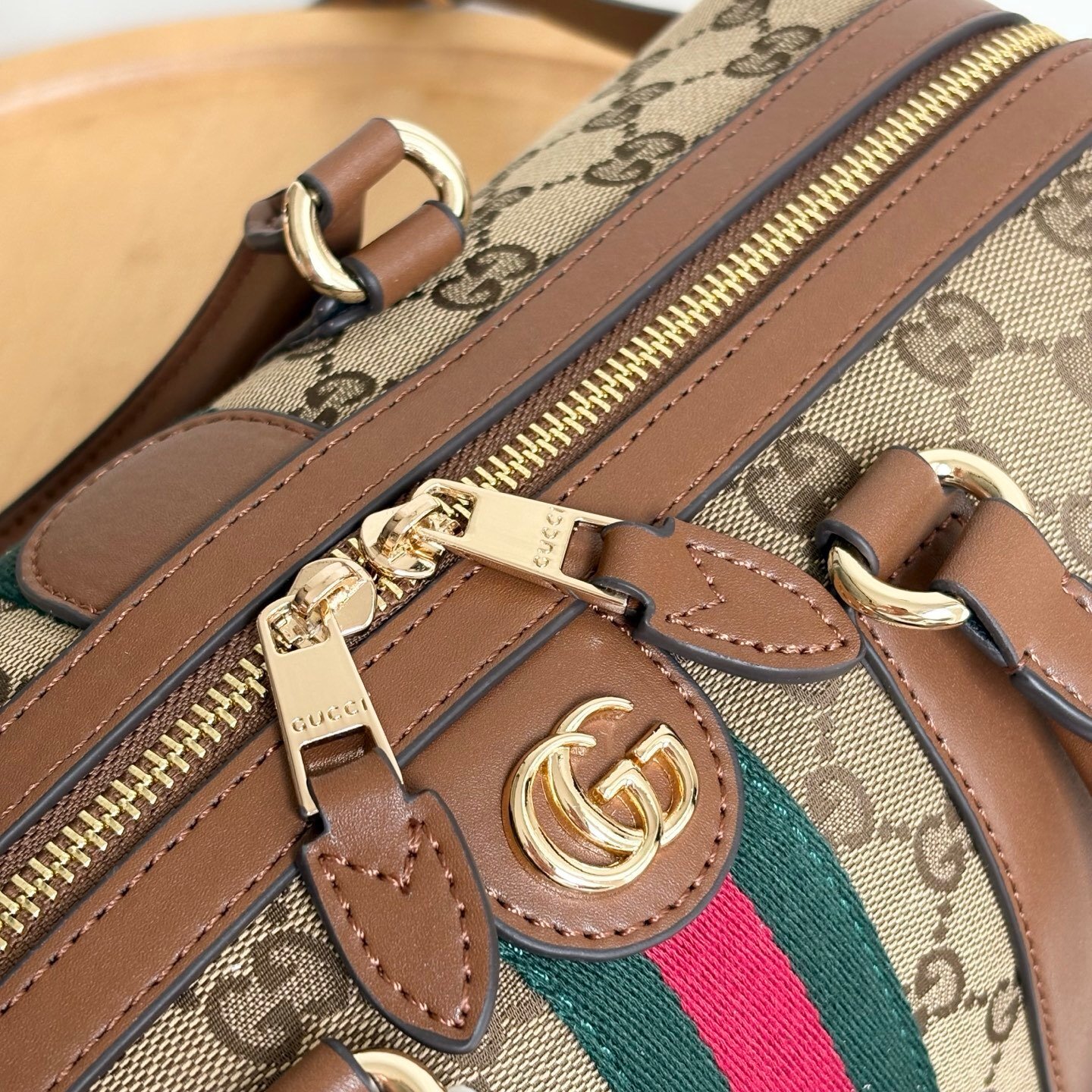 Gvc*1 Ophidia Medium Boston Bag Beige And Brown GG Canvas 30Cm 857595 FAFUF 9870