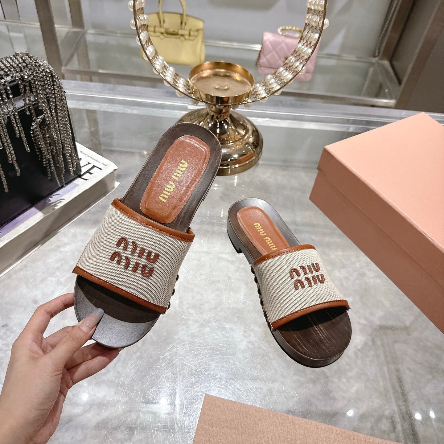 Miu Miu Canvas And Leather Clogs Beige 5Z445E Q1D F062F F 030