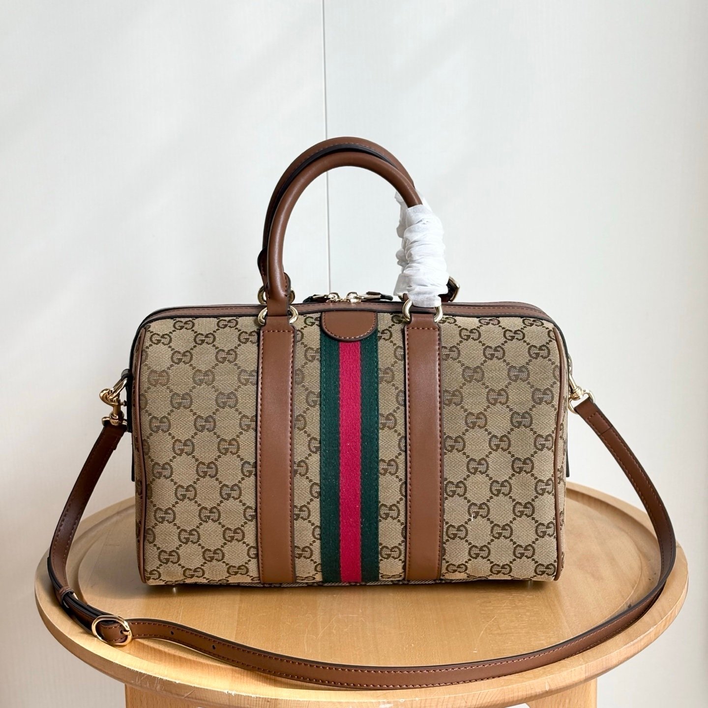Gvc*1 Ophidia Medium Boston Bag Beige And Brown GG Canvas 30Cm 857595 FAFUF 9870