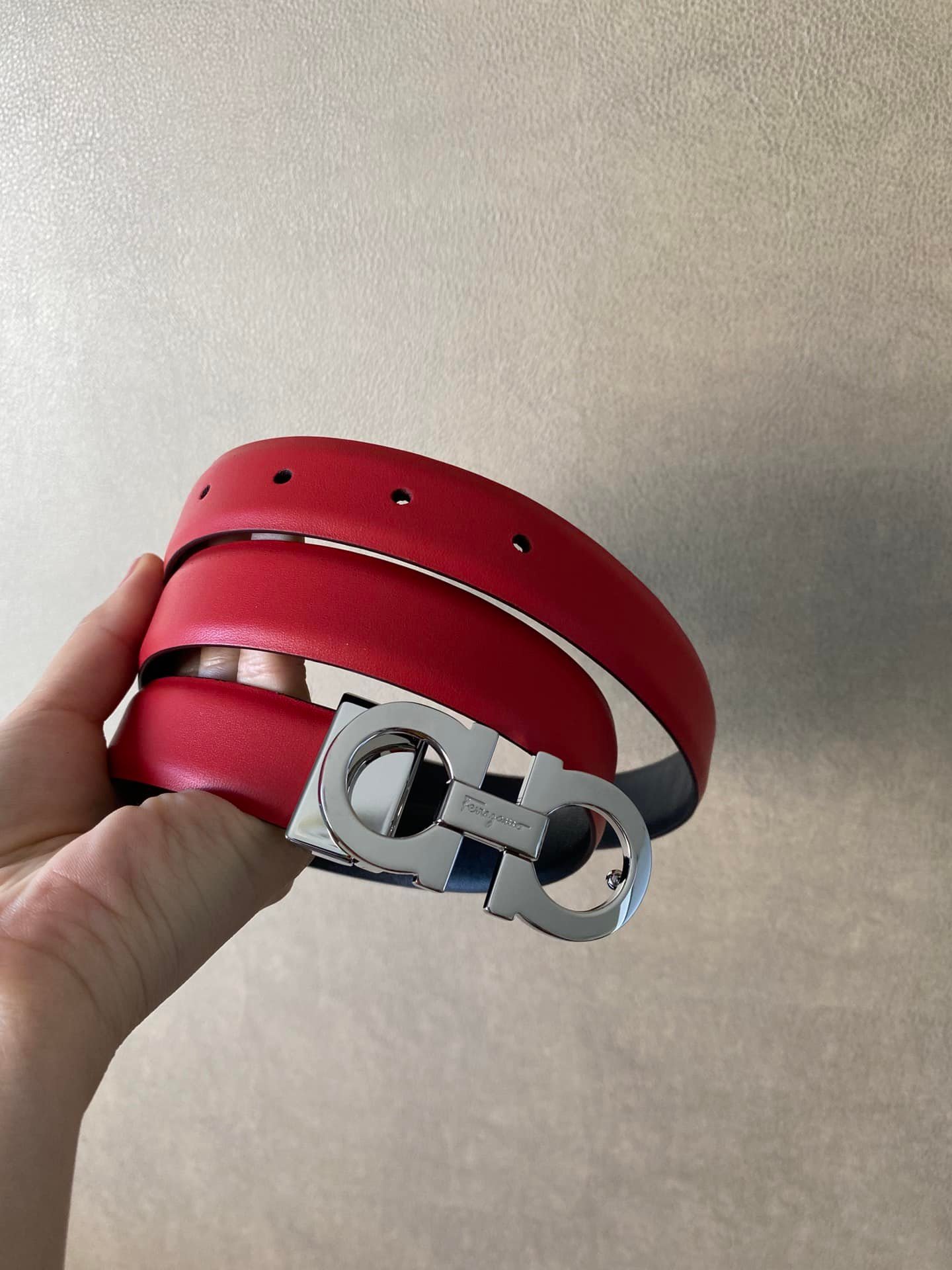Salvatore Ferragamo Gancini Red Leather Belt With Gold Metal Buckle 2.5Cm