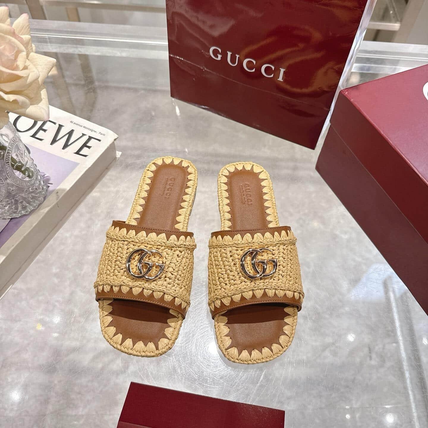 Gvc*1 Women Slide Sandal With Double G Raffia Crochet 835084 Faeq3 9642