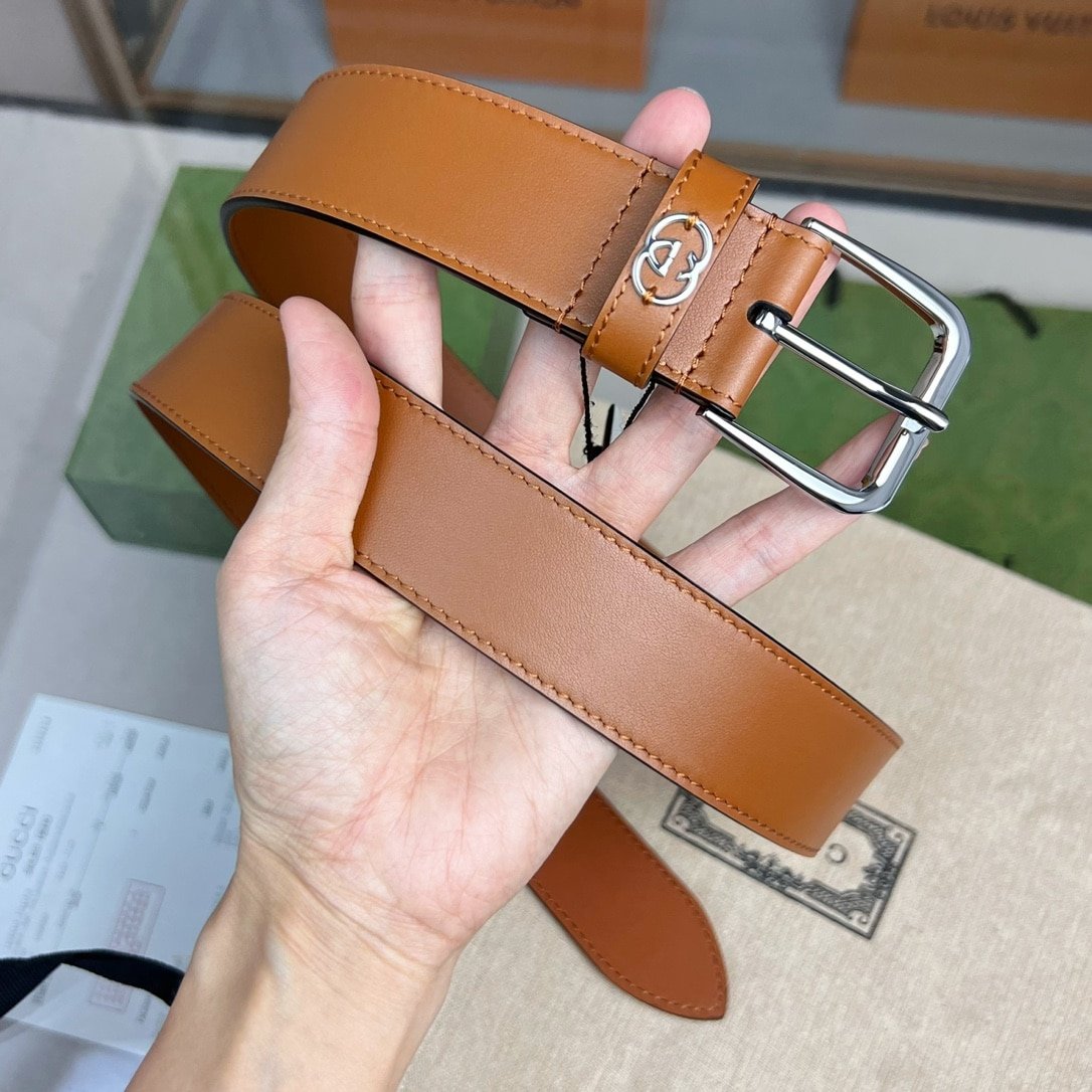Gvc*1 Belt With Square Buckle And Interlocking G Silver Metal Brown 35Mm