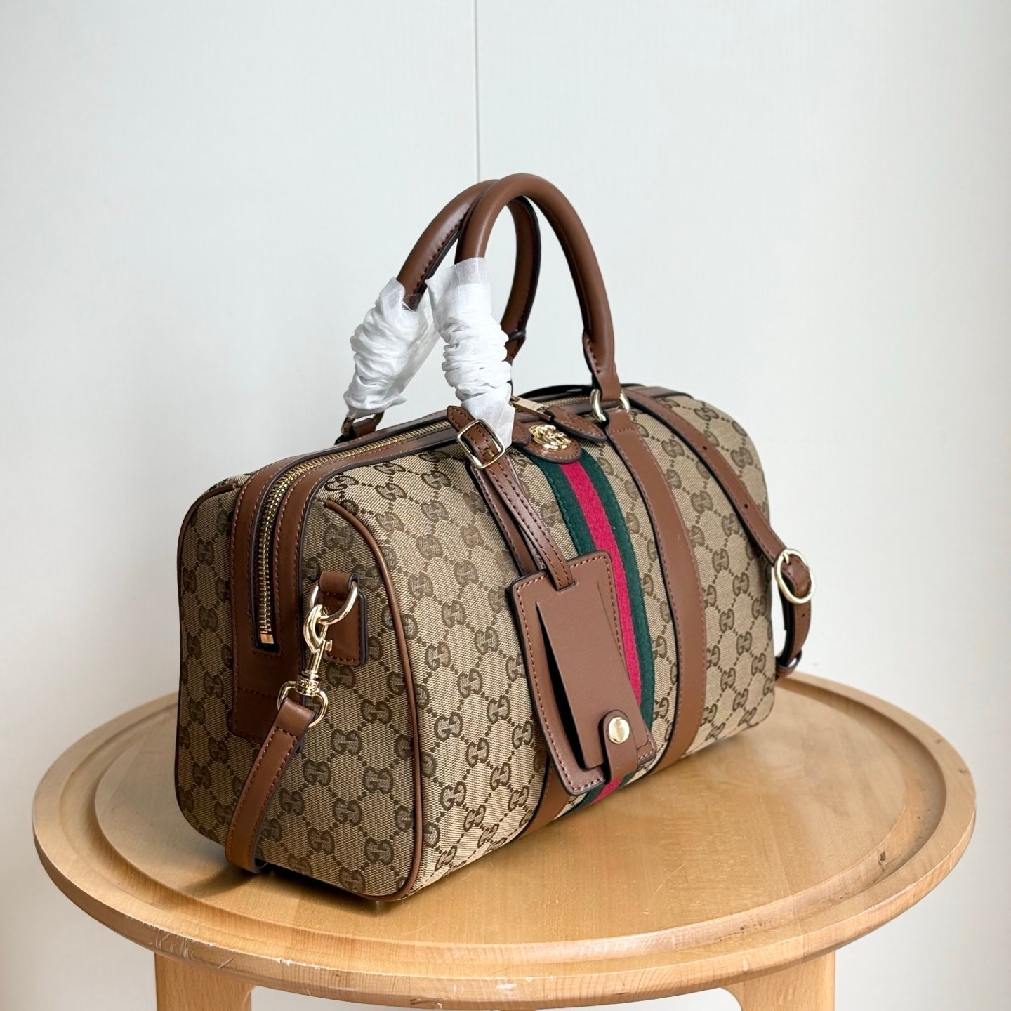 Gvc*1 Ophidia Medium Boston Bag Beige And Brown GG Canvas 30Cm 857595 FAFUF 9870