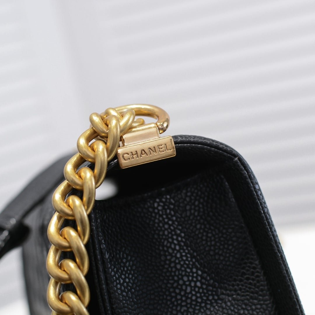 Ch**el Boy Medium Handbag Grained And Gold Tone Metal Black 25Cm