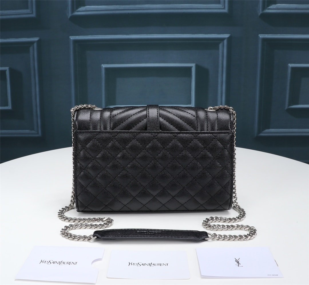 Sa1nt Lau*nt Envelope Small In Quilted Grain De Poudre Embossed Leather Black Silver 21Cm 600195Bow921000