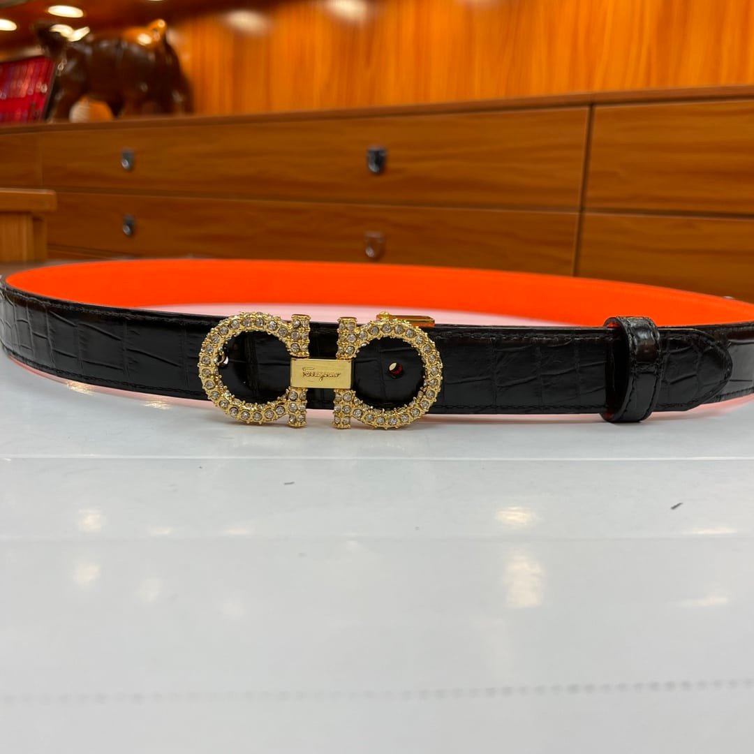 Salvatore Ferragamo Gancini Leather Belt With Gold Metal Pearls Buckle 2.5Cm