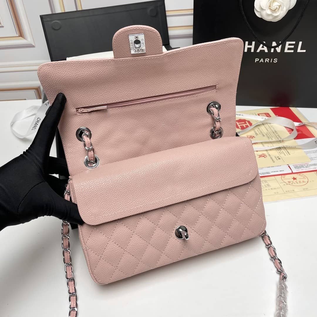 Ch**el Medium Classic Flap Bag Silver Hardware Pink 25Cm