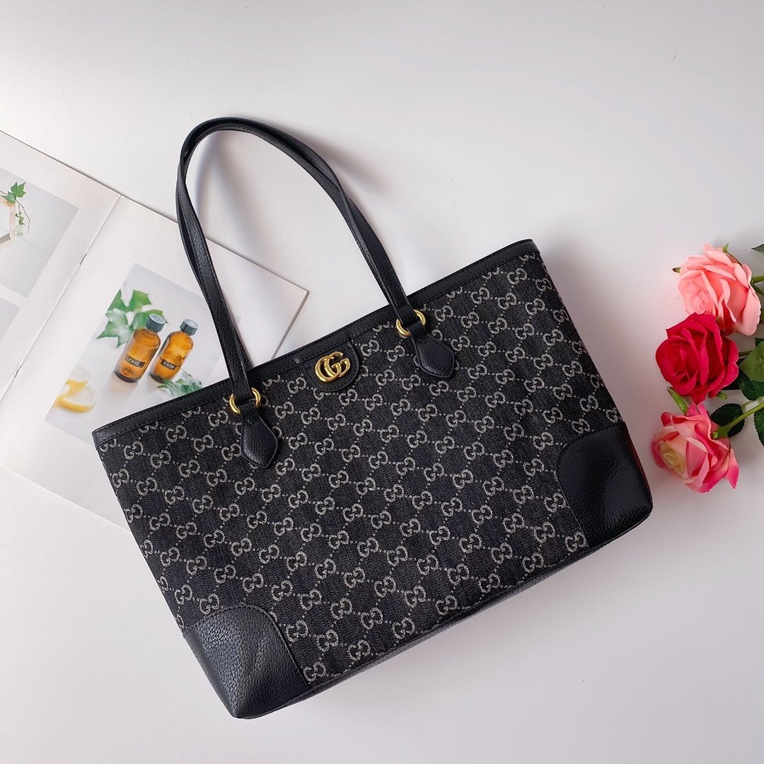 Gvc*1 Ophidia Medium Tote Bag In Gg Denim Black 38Cm 631685 Un3Bg 1274